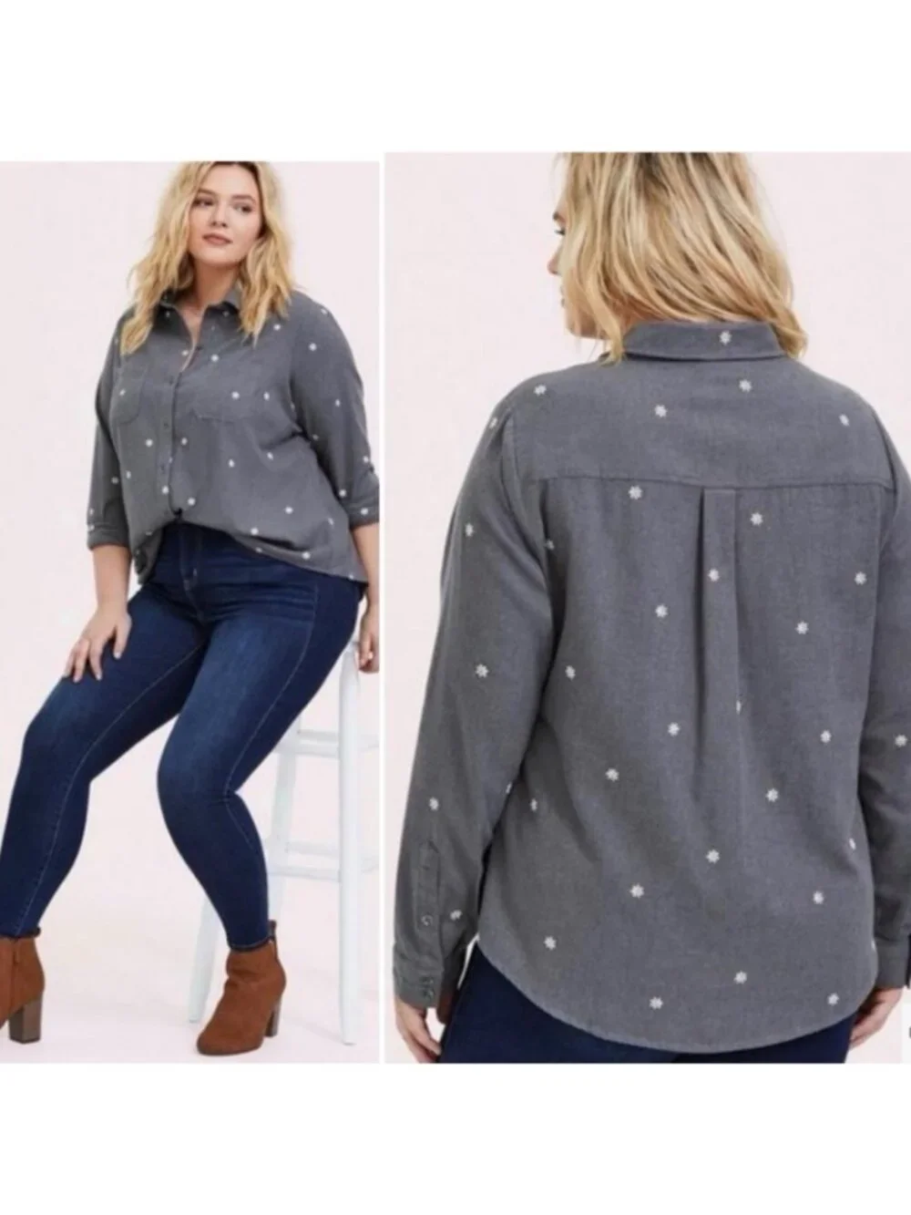 Torrid Womens Taylor Daisy Embroidered Button Front Shirt 1 (1X) Gray 12444568